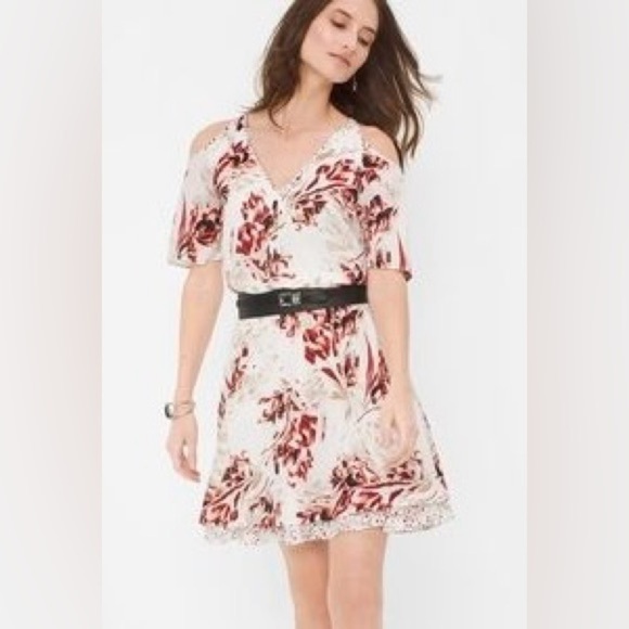 White House Black Market Cold Shoulder Floral Print Dress Ecru Rosso 2 - Picture 1 of 16